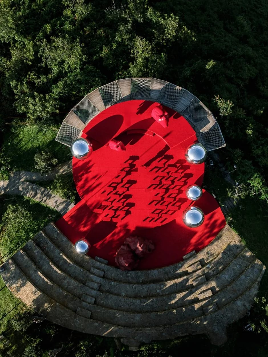 Aerial view of a red wedding ceremony stage